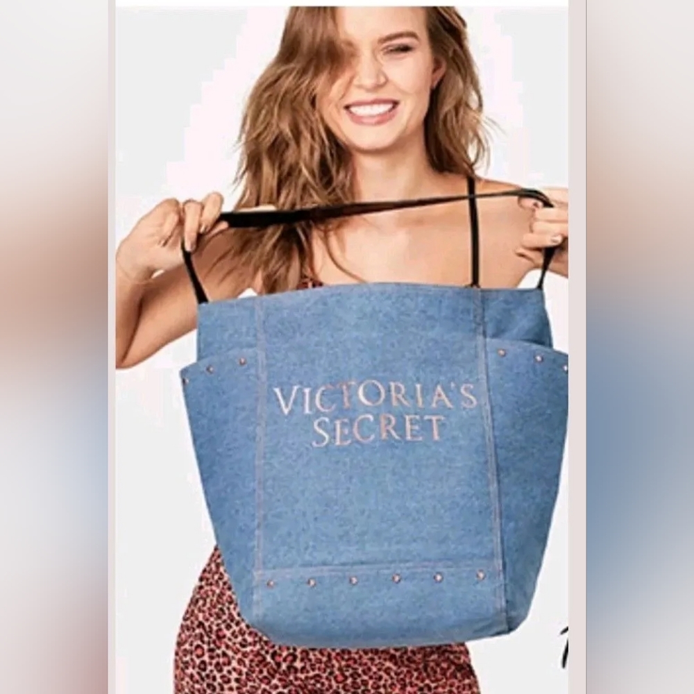 NWT Victoria's Secret Logo Denim Carryall Tote Bag Blue Studded